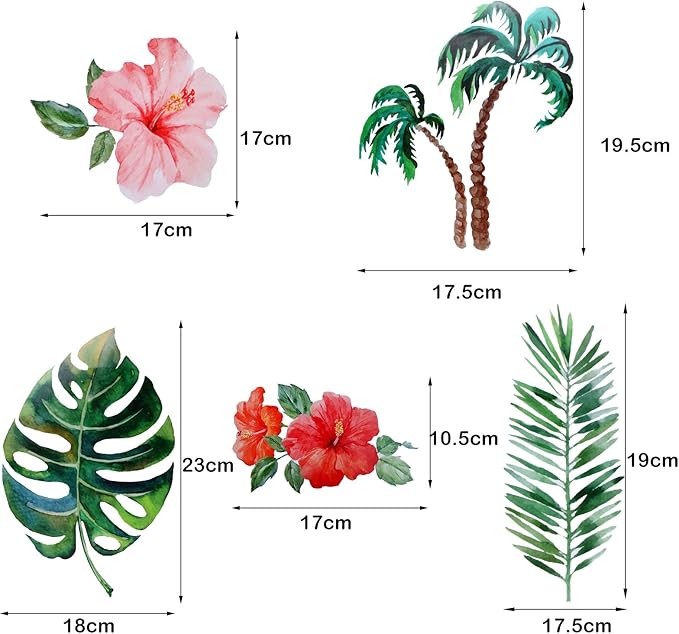 Zonon 66 Pieces Large Hawaiian Floral Wall Decals Jungle Tropical Palm Leaves Window Clings Removable Hibiscus Flower Wallpaper Stickers Green Plants Peel Sticker for DIY Craft Classroom Home Decor