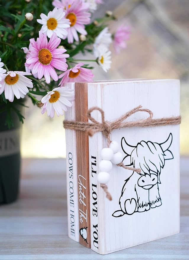 LIVDUCOT Highland Cow Wood Book Stacks Decor - Rustic Farmhouse Decorative Books Sign for Home Coffee Table Mantle Fireplace Shelf Decorations - I'll Love You Until the Cows Come Home 7.5x5x3'