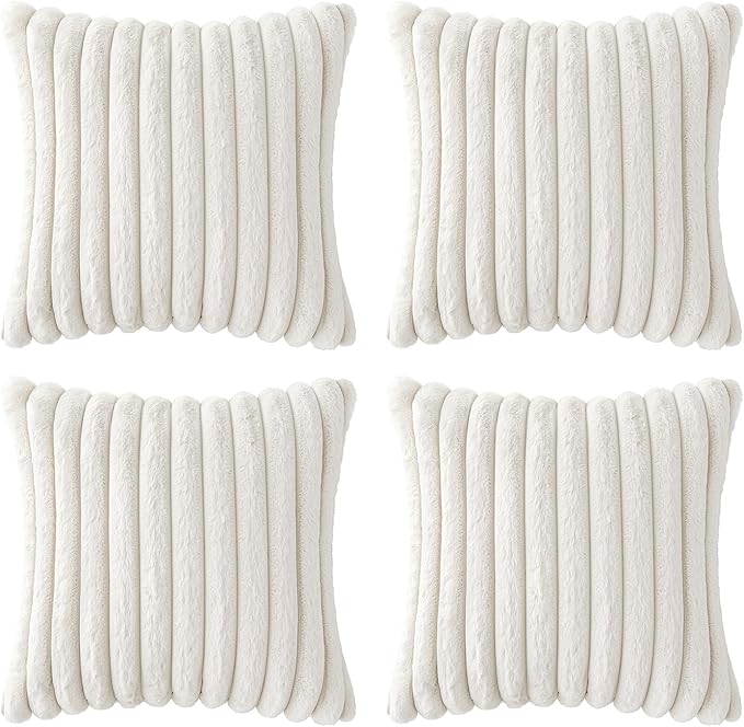 MIULEE Faux Fur Plush Decorative Throw Pillow Covers 18x18 Set of 4, Spring Modern Soft Fuzzy Striped Cushion Covers for Spring Sofa Couch Bed Living Room Cozy Home Decor,Pure White