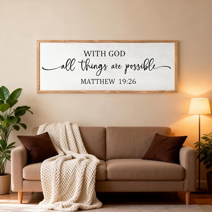 With God All Things are Possible Framed Wall Art, 40''×15'' Positive Religious Rustic Bible Verse for Christian God Jesus Christ Prayer, Vintage Horizontal Holy Inspirational Catholic Scripture Decor