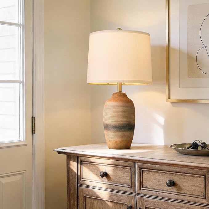 24.5" Handcrafted Ceramic Table Lamp with 5FT Cord, Single Farmhouse Vintage Rustic Bedside Lamp for Living Room Bedroom, Linen Shade Nightstand End Table Decor (Bulb Not Included)Earthy Yellow
