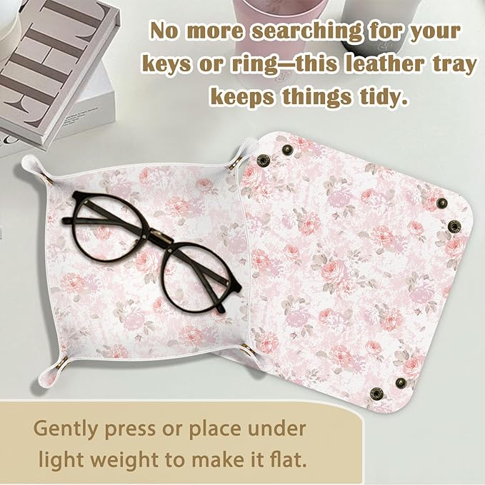 Pink Floral Jewelry Valet Tray for Women, Cottagecore Pink Rose Flower PU Leather Catchall Beside Caddy Nightstand Organizer Tray for Jewelry Rings Watches Keys and Accessories, 7.87x7.87in
