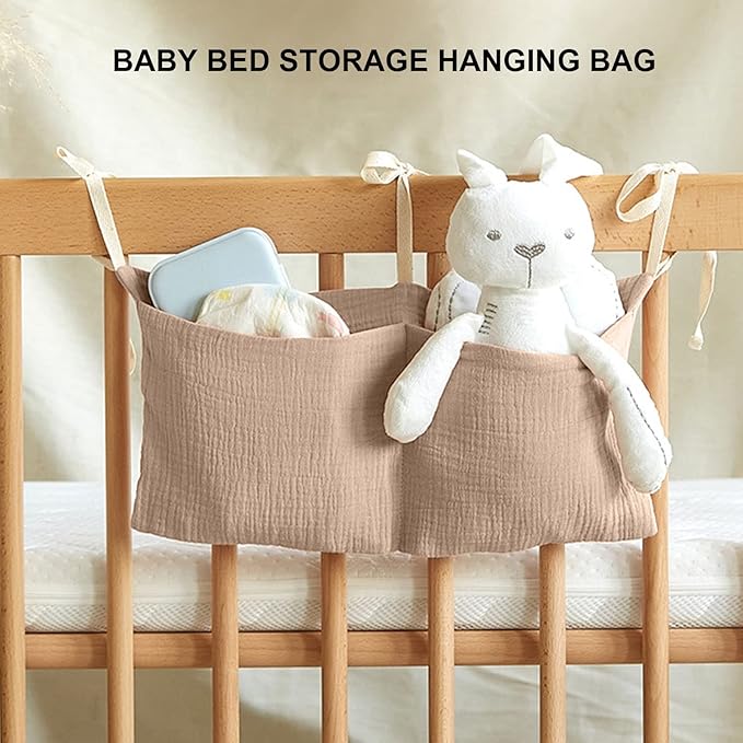 Diaper Caddy, Pure Cotton Cloth Baby Bedside Hanging Storage Bag Diaper Stacker Crib Organizer Hanging for Crib 2 Pockets Adjustable Strap Organizer for Baby Cribs and Toys (Khaki)
