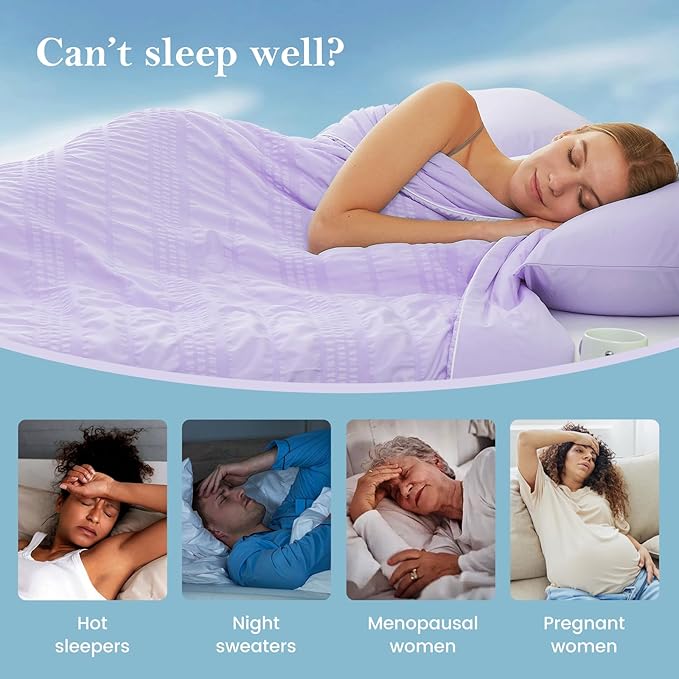 Cozy Bliss Seersucker Cooling Comforter King Size, Q-Max 0.45 Reversible Lightweight Cooling Blanket, Breathable Silk Smooth Summer Bedding Quilt for Hot Sleepers Night Sweats Purple