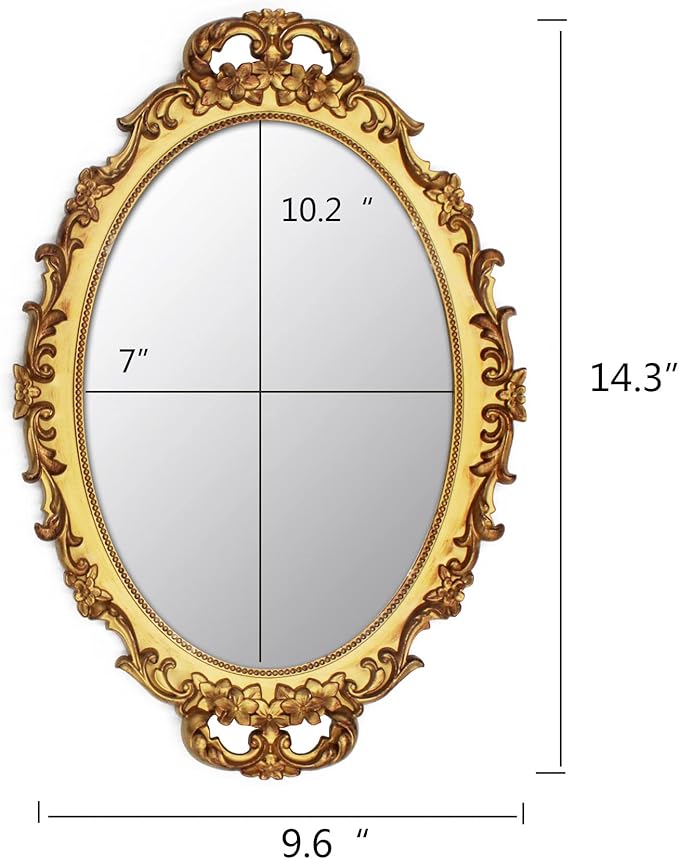 2 Pack - Vintage Decorative Gold Framed Mirror, Wall Hanging Mirrors & Tabletop Tray for Bedroom Living Room Dresser Decor, Oval- 9.6" W x 14.3" L (GOLD-2PACK)