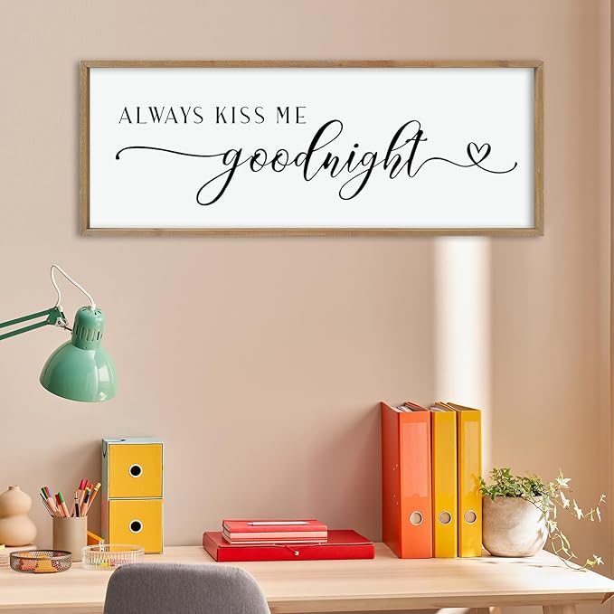 comurdyo Romantic Couple Always Kiss Me Goodnight Sign 40"×15" for Large Modern Rustic Love Theme Master Bedroom Above bed Wood Frame Horizontal Hanging Wall Art Decor (Wood)