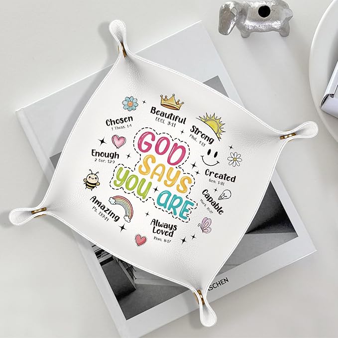 Christian Gifts - God Says You Are Bible Verses,Religious Gifts for Women，PU Leather Catchall Beside Caddy Nightstand Organizer Tray for Jewelry Rings Watches and Accessories, 7.87x7.87in