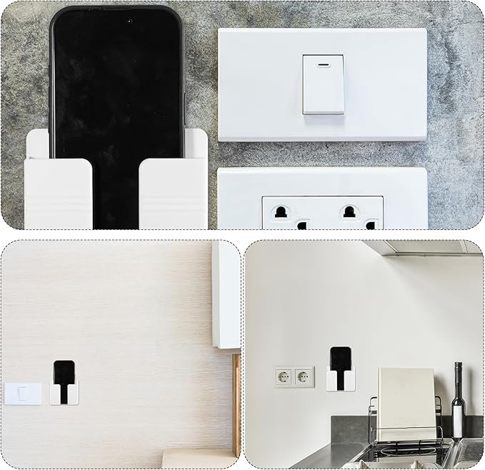2 Pcs Wall Mount Phone Holder Self Adhesive Phone Shelf with Data Cable Receiving Hole, Charger Remote Control Storage Box, Cell Cradle Bedside Organizer Remote Control Stand for Home Office