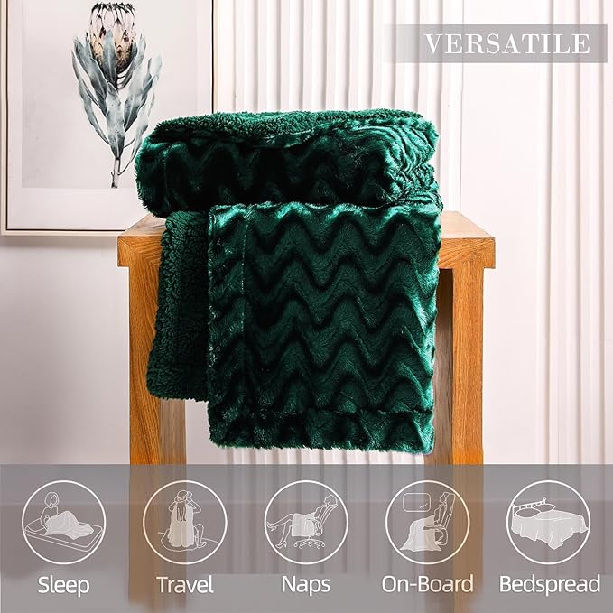Whale Flotilla Faux Fur Sherpa Twin Size Blanket for Bed, Cozy Reversible Fuzzy Fluffy Plush Blankets for All Season, Warm and Soft, 60x80 Inch, Emerald Green
