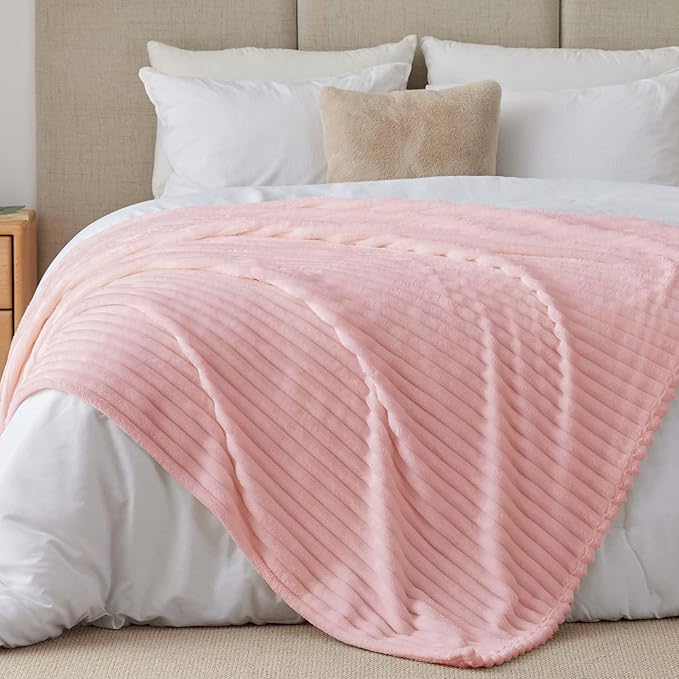 BEDELITE Blankets Queen Size for Bed, 300GSM Soft & Warm Fleece Blanket, Decorative and Giftable Striped Pink Blankets for Women, Men, 90"x90"