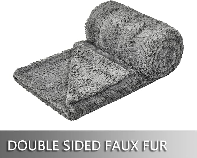 YUSOKI Luxury Faux Fur Throw Blanket(Without Pillows) 2 Layers,3lb,All Ages,Home Decoration, (Grey,50" x 63")