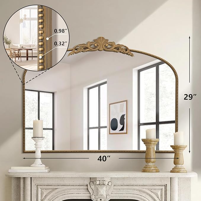Micasso Large Gold Antique Mirror: 40"x29" French Baroque Arched Mirror - Traditional Ornate Vintage Mirrors for Wall/Mantel/Entryway/Bathroom/Hallway - Home Decor for Living Room