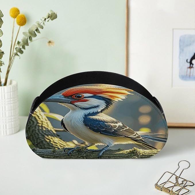 Cute Pileated Woodpecker Remote Control Holder Organizer Box with 5 Compartment PU Leather Bedside Storage Caddy Remote Organizer for Controller Media Player Pen/Pencil Storage