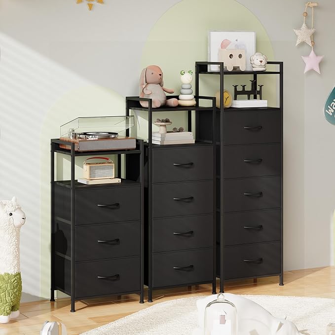 Somdot Nightstand with 4 Drawers, Vertical Storage Tower Fabric Dresser for Bedroom, Night Stand Bedside Table Furniture, Sturdy Steel Frame, Wooden Top & Easy Pull Fabric Bins, Black