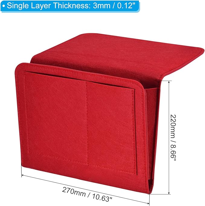 PATIKIL 11in Bedside Caddy, Bed Caddy Bedside Organizer Hanging Soft Felt 5 Pockets Bed Pockets Bedside Storage Organizer Remote Control Holder for Bedroom Phones Glasses, Red