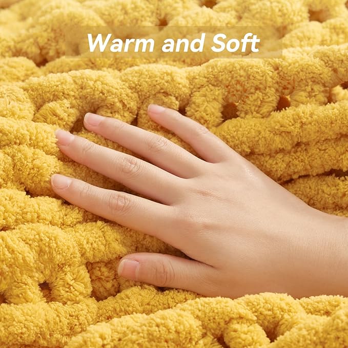 Chunky Knit Throw Blanket, 80''*90'' Knitted Throw Chenille Yarn for Bed Couch, Handmade Yellow Crochet Big Thick Blanket, Machine Washable Cute Comfy Blanket for Home Decor