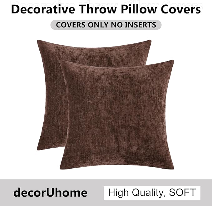 decorUhome Chenille Reddish Brown Throw Pillow Covers 16x16 Inch Set of 2, Decorative Soft Couch Pillow Covers Solid Dyed Accent Farmhouse Neutral Square Pillow Cases for Sofa