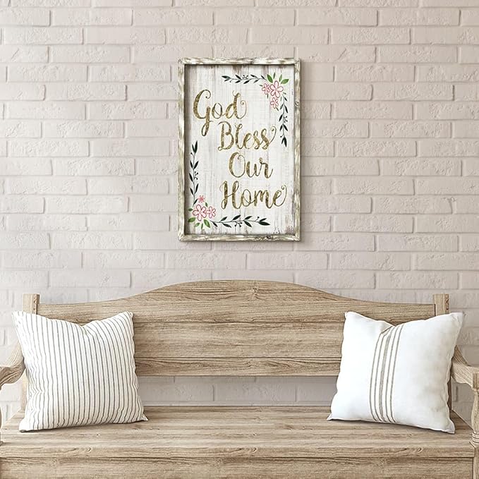 Inspirational Home Wall Art Decor: Christian Signs Wooden Framed Print Decoration Farmhouse God Bless Sayings Picture Religious Quotes Artwork for Bedroom Living Room Dining Room