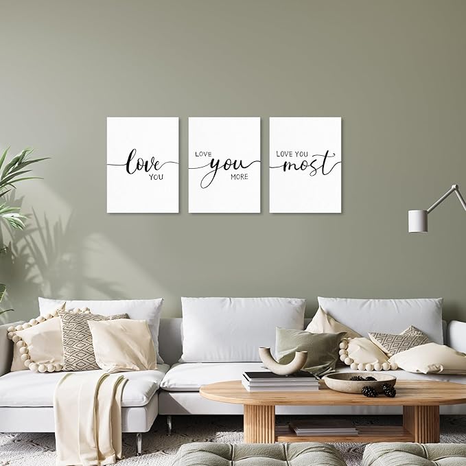 Love You More Wall Art: 3 Piece Romantic Minimalist Art Bedroom Decor Above Bed 12"x16", Farmhouse Love Quotes Signs for Couples, Modern Master Bedroom Decor