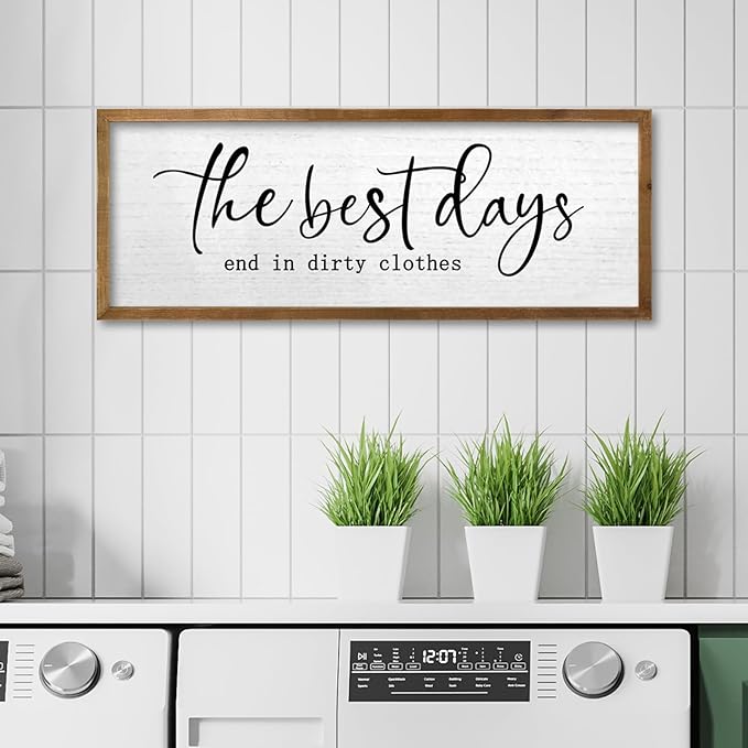 TQianJiang Funny Laundry Room Wall Decor 24"×10" Inspirational Quote Sign for Farmhouse Restroom Toile Restroom Large Simple Washroom Rustic Vintage Wood Framed Wall Hanging Art (Wood)