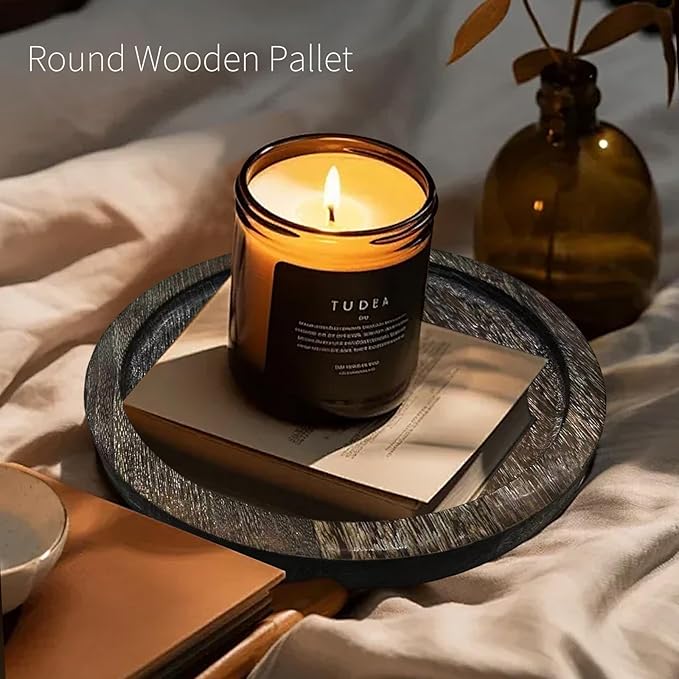 Candle Plate Holder Tray: Round Wooden Decorative Candle Plate Small Farmhouse Table Centerpiece Rustic White Wood Tealight Pillar Trays for Home Decor (Whitewash)