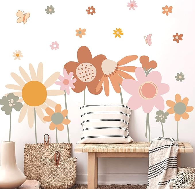 Supzone Colorful Flower Wall Stickers - Boho Retro Vintage Floral Art Decals for Bedroom, Living Room, TV, Office - Large Home Decoration