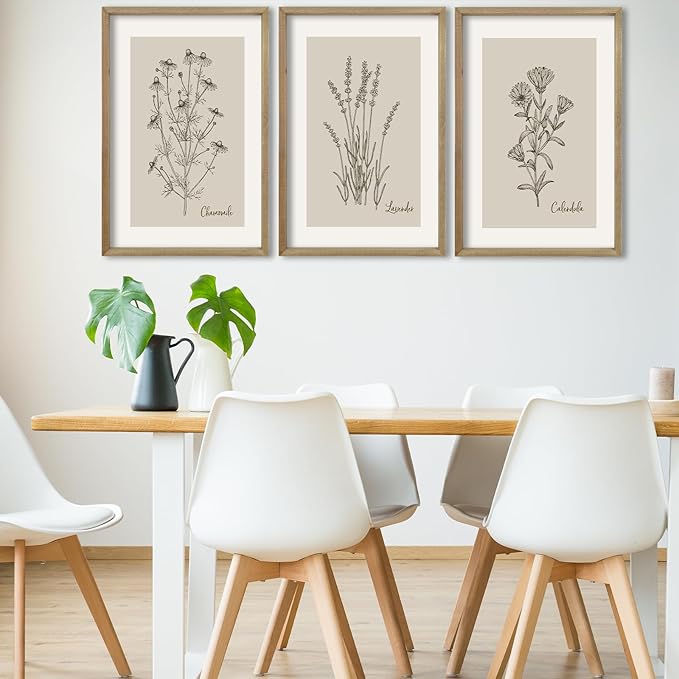 TQianJiang Vintage Botanical Wall Art 16"x11" Set Of 3 Wood Framed Wildflower Pictures Wall Decor for Bedroom Minimalist Wall Hanging (Wood)