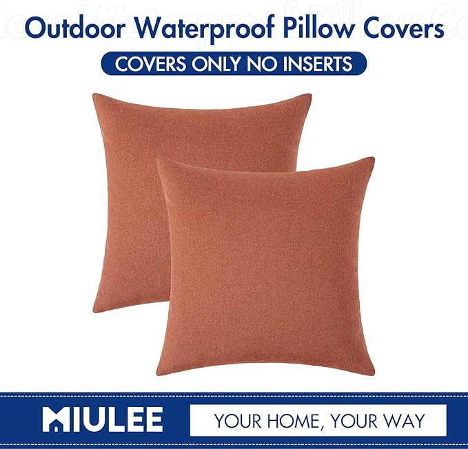 MIULEE Pack of 2 Decorative Outdoor Solid Waterproof Throw Pillow Covers Spring Faux Linen Garden Farmhouse Cushion Cases for Summer Patio Tent Balcony Couch Sofa 12x12 Inch Coral Red