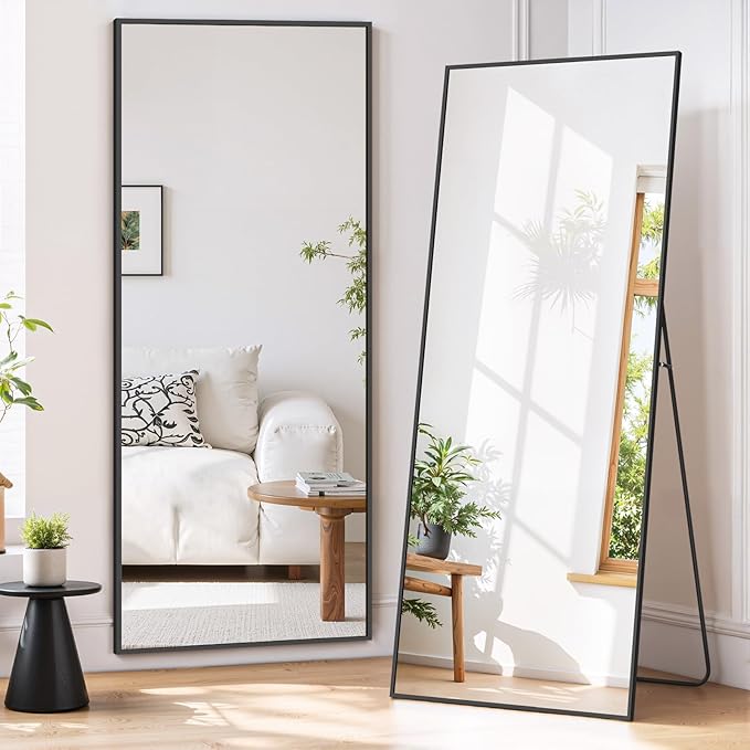 Full Length Mirror 56"x21" Full Body Mirror Rectangle Free Standing Wall Mounted Leaning Floor Mirrors with Stand Aluminum Alloy Frame for Bedroom Cloakroom, Black