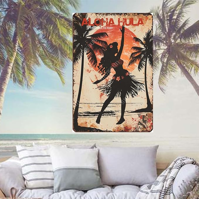 snowsun Girl Aloha Hula Vintage Metal Tin Sign Aluminum Metal Signs Retro Metal Sign Bar Cafe Room 8X12 Inches