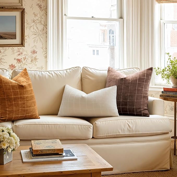 MIULEE Decorative Chenille Check Throw Pillow Covers Vintage Plaid Couch Pillows 18x18 Inch Set of 2 Neutral Boho Farmhouse Cushion Covers Modern Spring Home Decor for Sofa Bed Living Room Bronze