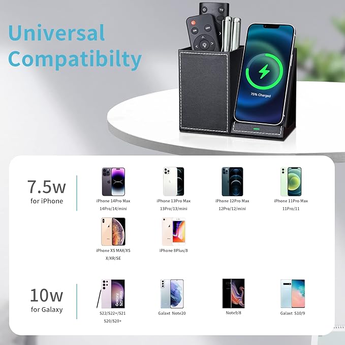 KINGFOM PU Leather Desk Organizer with Wireless Charging Station for iPhone, 10W Wireless Charger for iPhone 14/14 Pro/13/12/Samsung Galaxy S23/S22/S21/Note 20/Note 10(Black-S)