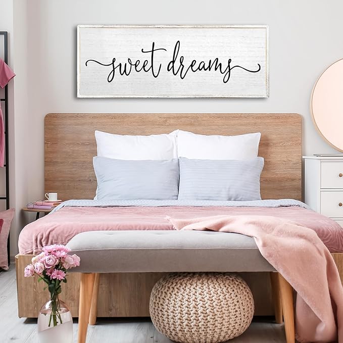 Sweet Dreams Wall Decor Above Bed Sign 32''×12'' Large Wood Framed Master Bedroom Guest Room Sweet Dreams Signs Farmhouse Rustic Wall Art Decoration (White)