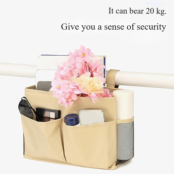 Bedside Caddy, Durable Cotton Linen Bunk Bed Caddy with Pockets and Bottle Holder,Hanging Storage Organizer,Bedside Bag for College Dorm Bed Rails Crib Bed Hospital Home Rooms Accessories (Black)