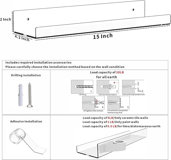 2 Pack Clear Acrylic Shelves for Wall with Adhesive,15 Inch No Drill Floating Shelves for Bathroom,Bedroom,Renter Friendly,Kids Room Bookshelf,Wall Display Shelf for Lego,Funko Pop,Figurine,Perfume