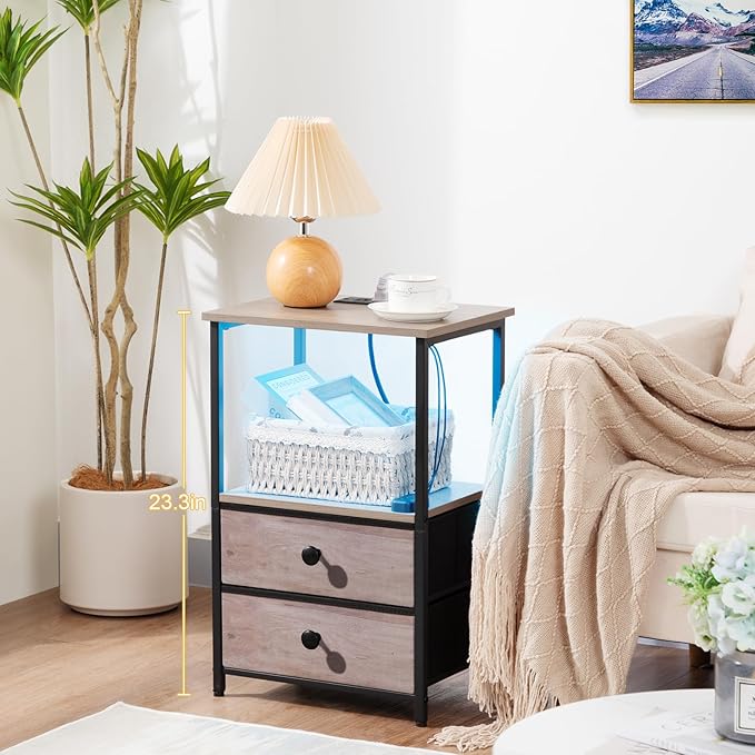 Night Stand Set 2, LED Nightstand with Charging Station, End Tables with Storage Shelf, Bedside Table with 2 Fabric Drawers for Bedroom, Small Spaces, Grey HETS02PGY
