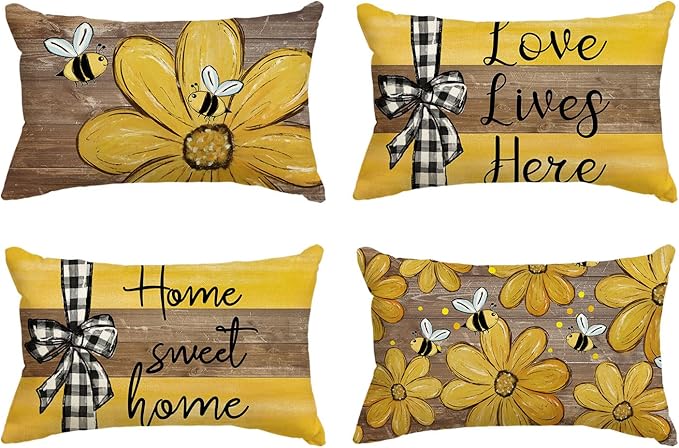AVOIN colorlife Spring Home Sweet Home Bee Sunflower Throw Pillow Covers, 12 x 20 Inch Love Lives Here Summer Stripes Polka Dots Cushion Case for Sofa Couch Set of 4