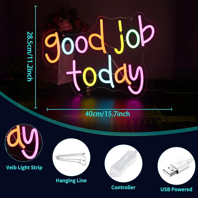 Neon Sign, HSJNJKFU Good Job Today Neon Signs for Wall Decor Led Light up Signs for Room, Library, Office, Party, Store, Business, Shop, Cafe, Home Decor Lights Sign, USB Powered