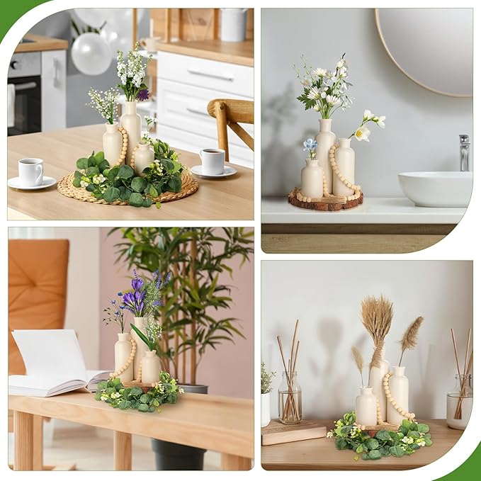 Geelin 6 Pcs Boho Rustic Table Centerpieces, 3 Modern Ceramic Vases, Wooden Slice Tray, Farmhouse Wood Beads Garland with Tassel, Artificial Vines for Dining Home Table Decor(White)