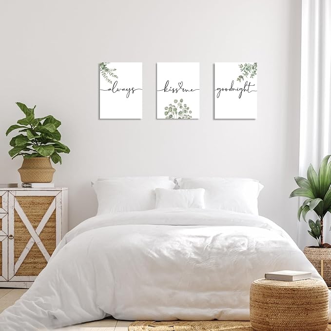 1 KINGO Always Kiss Me Goodnight Bedroom Wall Art: Set of 3 Boho Botanical Wall Decor Canvas Prints 12"x16", Sage Green Eucalyptus Pictures Decor Over The Bed for Farmhouse Master Bedroom