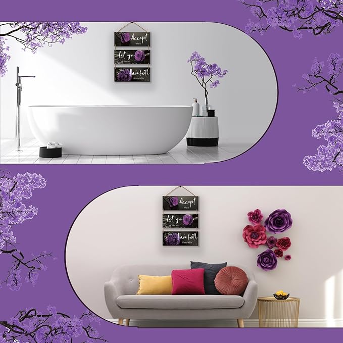 ZINYAZHE 3 Pcs Purple Bathroom Decor Inspirational Wall Decor Wooden Rose Wall Art Bedroom Wall Art With Accept Let Go Have Faith Quotes For Girl Women Office Living Room(Purple 10 x 4 Inch)
