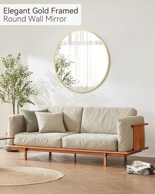 24 Inch Round Mirror, Gold Circle Mirror for Bathroom, HD Eco-Friendly Round Bathroom Mirror for Over Sink, Small Matte Gold Metal Framed Wall Mirror for Wall, Vanity, Entryway, Easy to Install