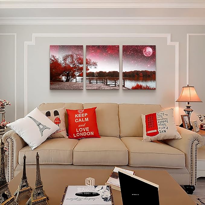 Wall Art For Living Room Large Size Wall Decor For Bedroom Room Wall Pictures Artwork Abstract Red Tree Moon Landscape Paintings Modern Office Decor Home Decorations For Kitchen 20" X 28" 3 Pieces