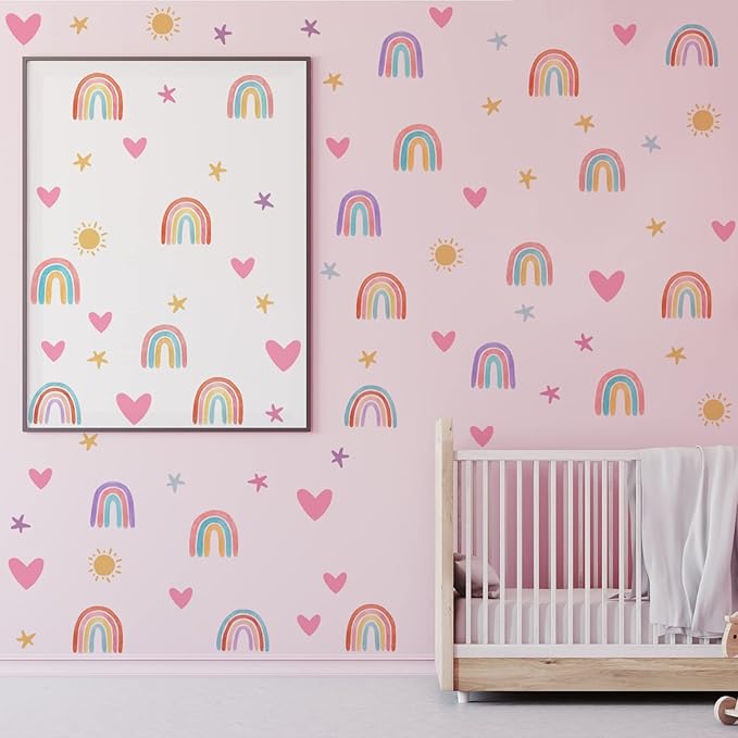 Epakh Rainbow Wall Decor Stickers Small Rainbow Decal Watercolor Heart Star Sun Wall Stickers Decor for Girls Boys Baby Bedroom Nursery(Classic Color)
