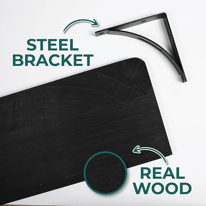 Willowy Reinforced Steel Bracket Black Wall Shelves for Bedroom - Easy to Install, Template and Video Included - Long Black Wall Shelf, Hanging Shelf, Wall Shelf, Wall Bookshelf