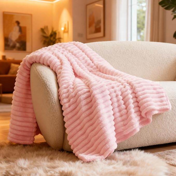Nookly Pink Twin Size Fleece Blanket, Soft Lightweight Ribbed Plush Bed Blanket, Cozy All-Season Striped Fleece Twin Throw for Bedroom and Home, 60x80 Inches
