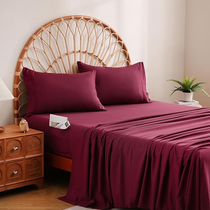 JSD Burgundy King Sheet Set with Side Pocket Corner Straps, 4 Piece Soft Microfiber Bed Sheets Extra Deep Pocket