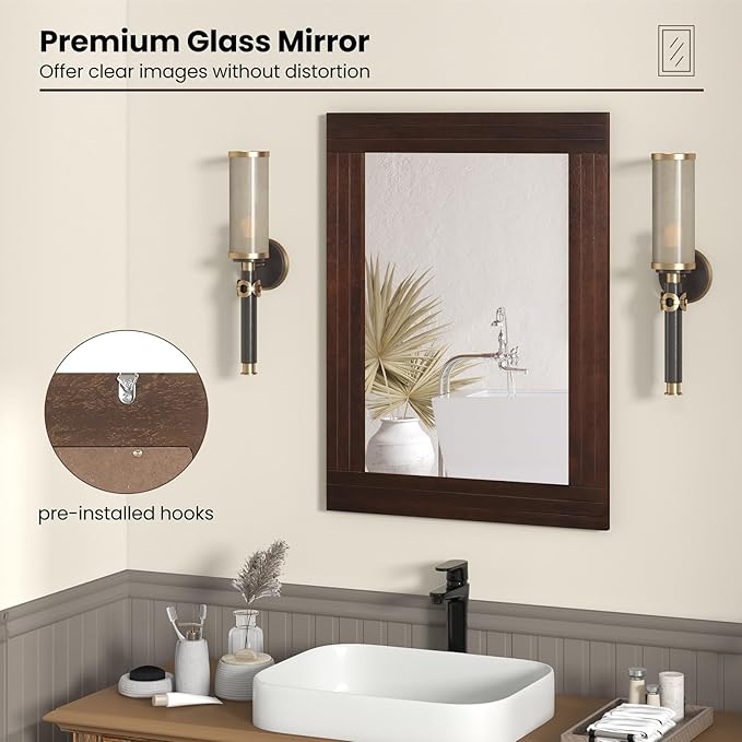 Tangkula 24" x 32" Wood Mirror for Wall, Wall Mounted Rectangular Decorative Mirror for Bathroom Living Room Vanity Entryway, Farmhouse Boho Rustic Wall Decoration
