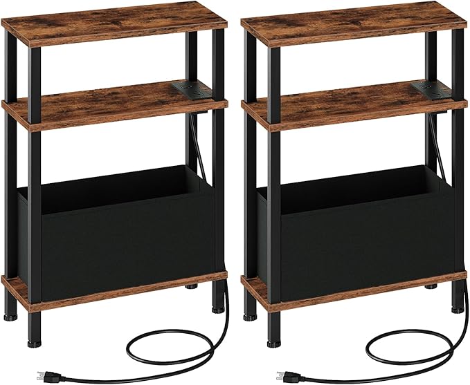 Set of 2 End Tables with Charging Station, Narrow Side Table for Small Spaces, Slim Nightstand with Basket, Skinny Bedside Table, for Living Room, Bedroom, Rustic Brown and Black TBZ07UP2BF