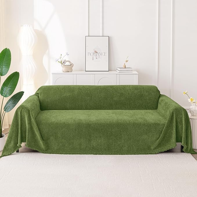 Smiry Couch Cover for Dogs, Washable Chenille Sofa Covers for 3 Cushion Couch, Soft Sofa Slipcover for Pets, Thick Sectional Furniture Protector with Tassels (Green, 71x102 Inch)
